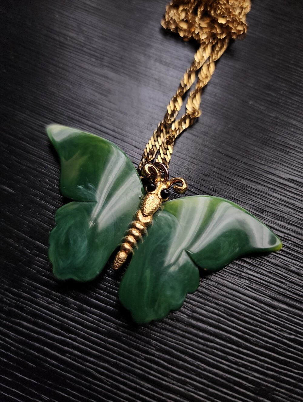 Vintage 10k GF and Green Marbled Lucite Butterly Pendant